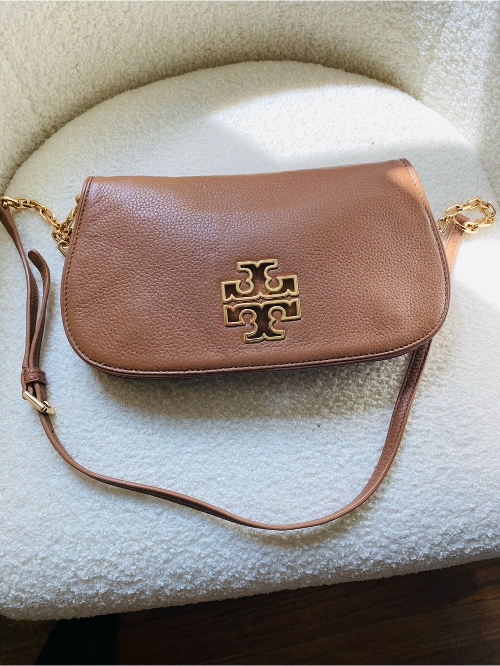 Tori Burch Chestnut Pebbled Leather Crossbody with Gold Logo
